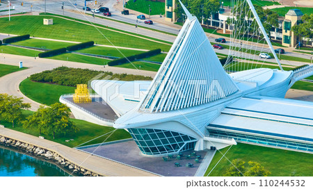 Aerial View of Modern Waterfront Pavilion with Sculpture, Milwaukee 110244532