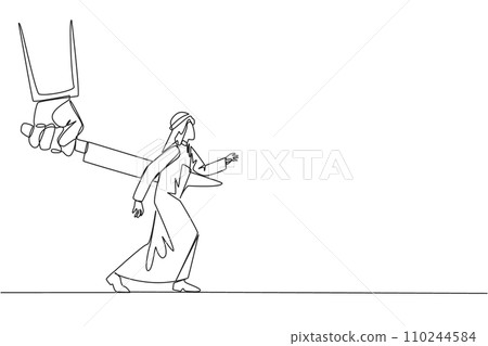 Continuous one line drawing Arab businessman stabbed in back by large knife. Cheated to ruin by a colleague. An enemy disguised as a friend. The traitor. Single line draw design vector illustration 110244584