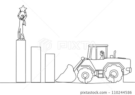 Single one line drawing Arab businessman standing on highest bar raising a star. Bulldozer ready to destroy the happiness. Betrayal. Fake friends. Traitor. Continuous line design graphic illustration Single one line drawing Arab businessman standing on highest bar raising a star. Bulldozer ready to destroy the happiness. Betrayal. Fake friends. Traitor. Continuous line design graphic illustration 110244586