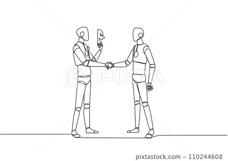 Single one line drawing the two robots shaking hands. One of them has two faces. Full of falsehood. Fake friend. Worst teamwork. Business betrayal. Traitor. Continuous line design graphic illustration 110244608