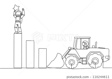 Continuous one line drawing astronaut standing on the highest bar raising a star. Bulldozer ready to destroy the happiness. Betrayal. Fake friends. Traitor. Single line draw design vector illustration 110244611