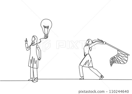 Single one line drawing Arabian businesswoman with an idea. A brilliant idea that will be stolen by a business partner. Cheating. Business betrayal. Fake. Continuous line design graphic illustration Single one line drawing Arabian businesswoman with an idea. A brilliant idea that will be stolen by a business partner. Cheating. Business betrayal. Fake. Continuous line design graphic illustration 110244640