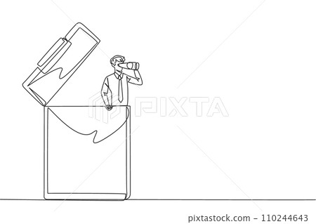 Continuous one line drawing businessman appears out of the clipboard looking for something through binoculars. Agreement report. Promising contract draft. Single line draw design vector illustration Continuous one line drawing businessman appears out of the clipboard looking for something through binoculars. Agreement report. Promising contract draft. Single line draw design vector illustration 110244643