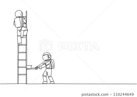 Single one line drawing astronaut climbs the ladder to achieve the expected reward. Destroyed silently. Business failed to develop. Destroyed by traitors. Continuous line design graphic illustration 110244649
