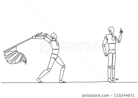 Continuous one line drawing the robot who comes up with an idea. A brilliant idea that will be stolen by a business partner. Cheating in business. Betrayal. Single line draw design vector illustration 110244651