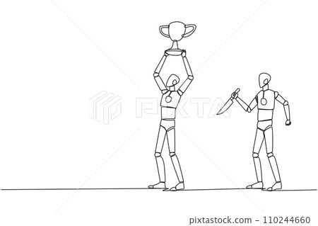 Single continuous line drawing the smart robot standing lifting trophy. Business friends prepare to stab in the back. Unhealthy business competition. The traitor. One line design vector illustration Single continuous line drawing the smart robot standing lifting trophy. Business friends prepare to stab in the back. Unhealthy business competition. The traitor. One line design vector illustration 110244660