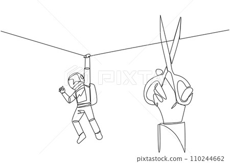 Single one line drawing the astronaut hanging from rope. A big hand that want to cut the rope. Maintaining a nearly useless business. Thwarted by traitors. Continuous line design graphic illustration Single one line drawing the astronaut hanging from rope. A big hand that want to cut the rope. Maintaining a nearly useless business. Thwarted by traitors. Continuous line design graphic illustration 110244662
