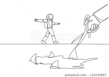 Continuous one line drawing the astronaut walking across on tightrope. A metaphor pursuing a career. Ruined by traitors. Fake friend. Business sabotaged. Single line draw design vector illustration 110244667