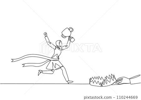 Single one line drawing Arab businesswoman running with trophy. Dangerous business trap. Trap that really brings down business. Fake friend. Traitor. Rival. Continuous line design graphic illustration 110244669