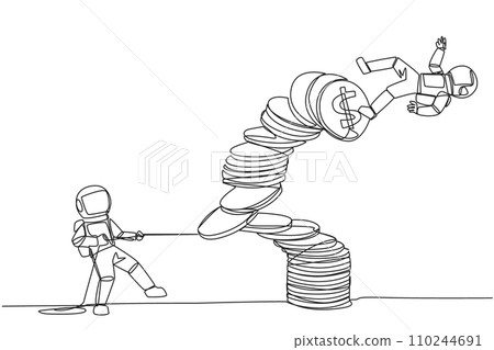Single one line drawing astronaut pull one of a piles of coins who made the person on top fall. Business fraud. Misappropriation of office money. Traitor. Continuous line design graphic illustration Single one line drawing astronaut pull one of a piles of coins who made the person on top fall. Business fraud. Misappropriation of office money. Traitor. Continuous line design graphic illustration 110244691
