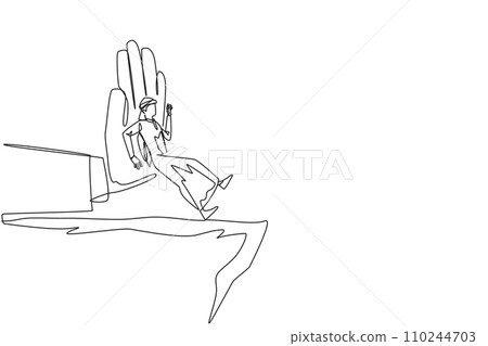 Single one line drawing Arab businessman standing on edge of cliff. Something big wants to bring down the business. Invisible enemy. Bring down competitor. Continuous line design graphic illustration Single one line drawing Arab businessman standing on edge of cliff. Something big wants to bring down the business. Invisible enemy. Bring down competitor. Continuous line design graphic illustration 110244703