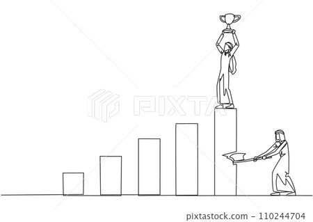 Single continuous line drawing Arab businessman achieves highest honors. The hypocrite who doesn't like business partner's happiness. Thorn in the flesh. Traitor. One line design vector illustration Single continuous line drawing Arab businessman achieves highest honors. The hypocrite who doesn't like business partner's happiness. Thorn in the flesh. Traitor. One line design vector illustration 110244704