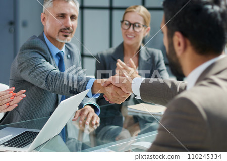 Multicultural professionals project managers group negotiating in boardroom at meeting. 110245334