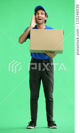 full-length male courier holding a box on a green background 110246036