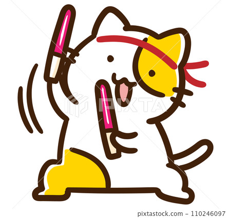 一個可愛的貓角色拿著車前草炫耀他的御宅族技巧的變形插圖。 110246097