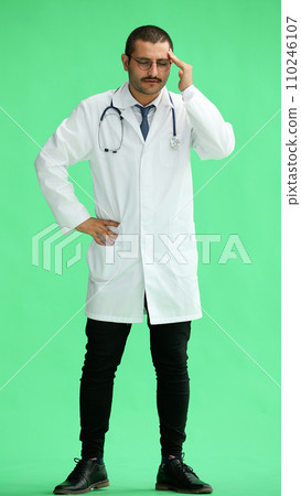 male doctor in a white coat on a green background shows a headache male doctor in a white coat on a green background shows a headache 110246107