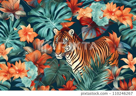 AI-generated content. Tropical exotic pattern with animal and flowers in bright colors and lush vegetation. Ai Generative. 110246267