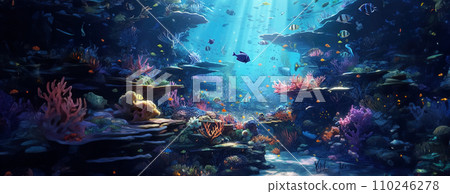 AI-generated content. Tropical sea underwater fishes on coral reef. Aquarium oceanarium wildlife colorful marine panorama landscape nature snorkel diving. AI Generative. 110246278