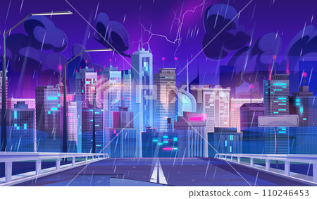 Road leads to futuristic night city under rain 110246453