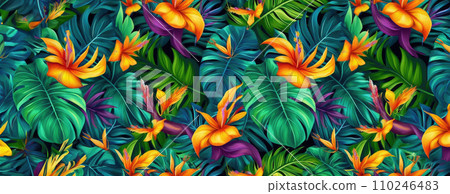 AI-generated content. Tropical exotic pattern with animal and flowers in bright colors and lush vegetation. Ai Generative. 110246483
