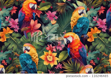 AI-generated content. Tropical exotic pattern with animal and flowers in bright colors and lush vegetation. Ai Generative. 110246485