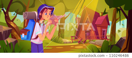 Boy scout with hiking backpack and paper map 110246486