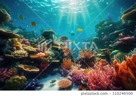 AI-generated content. Tropical sea underwater fishes on coral reef. Aquarium oceanarium wildlife colorful marine panorama landscape nature snorkel diving. AI Generative. 110246500