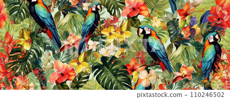 AI-generated content. Tropical exotic pattern with animal and flowers in bright colors and lush vegetation. Ai Generative. 110246502