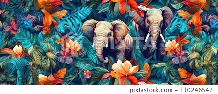 AI-generated content. Tropical exotic pattern with animal and flowers in bright colors and lush vegetation. Ai Generative. 110246542