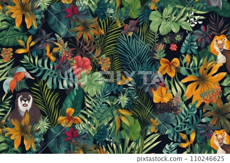 AI-generated content. Tropical exotic pattern with animal and flowers in bright colors and lush vegetation. Ai Generative. 110246625