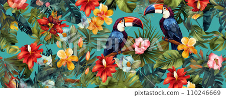 AI-generated content. Tropical exotic pattern with animal and flowers in bright colors and lush vegetation. Ai Generative. 110246669