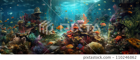 AI-generated content. Tropical sea underwater fishes on coral reef. Aquarium oceanarium wildlife colorful marine panorama landscape nature snorkel diving. AI Generative. 110246862