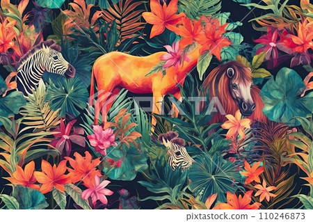 AI-generated content. Tropical exotic pattern with animal and flowers in bright colors and lush vegetation. Ai Generative. 110246873