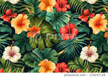 AI-generated content. Tropical exotic pattern with animal and flowers in bright colors and lush vegetation. Ai Generative. 110247126