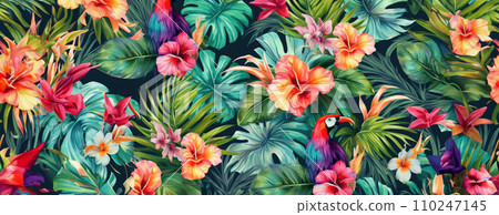 AI-generated content. Tropical exotic pattern with animal and flowers in bright colors and lush vegetation. Ai Generative. 110247145