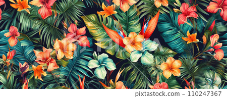 AI-generated content. Tropical exotic pattern with animal and flowers in bright colors and lush vegetation. Ai Generative. 110247367