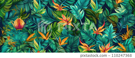 AI-generated content. Tropical exotic pattern with animal and flowers in bright colors and lush vegetation. Ai Generative. 110247368