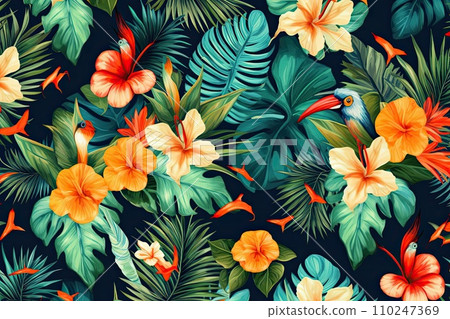 AI-generated content. Tropical exotic pattern with animal and flowers in bright colors and lush vegetation. Ai Generative. 110247369