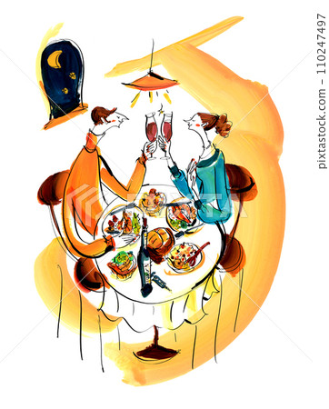 晚餐情侶酒吐司手繪室內 晚餐情侶酒吐司手繪室內 110247497