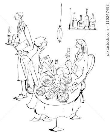 Restaurant couple dinner date hand drawn eating out illustration 110247498