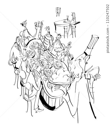 餐廳聚會祝酒人有趣的手繪插畫 110247502