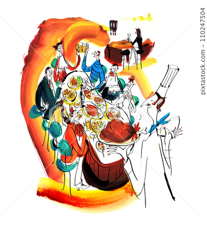 餐廳聚會祝酒人有趣的手繪插畫 110247504
