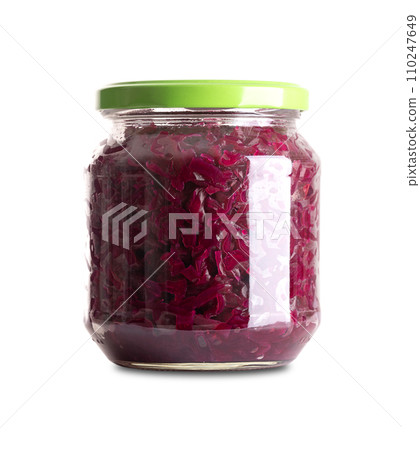 Red cabbage, homemade fermented German Blaukraut in glass jar with lid. Raw red cabbage, fermented by lactic acid bacteria. Unpasteurized, uncooked blaukraut provides probiotics, improving digestion. Red cabbage, homemade fermented German Blaukraut in glass jar with lid. Raw red cabbage, fermented by lactic acid bacteria. Unpasteurized, uncooked blaukraut provides probiotics, improving digestion. 110247649