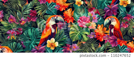 AI-generated content. Tropical exotic pattern with animal and flowers in bright colors and lush vegetation. Ai Generative. 110247652