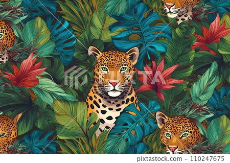 AI-generated content. Tropical exotic pattern with animal and flowers in bright colors and lush vegetation. Ai Generative. 110247675