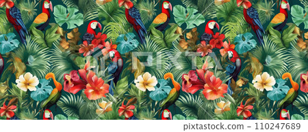 AI-generated content. Tropical exotic pattern with animal and flowers in bright colors and lush vegetation. Ai Generative. 110247689