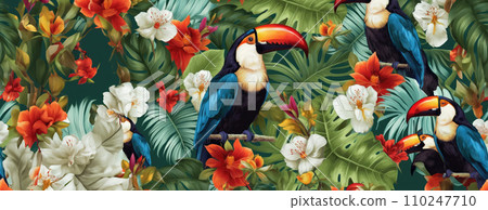 AI-generated content. Tropical exotic pattern with animal and flowers in bright colors and lush vegetation. Ai Generative. 110247710