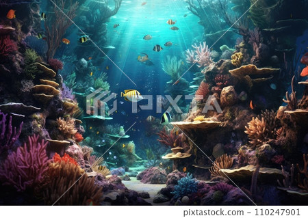 AI-generated content. Tropical sea underwater fishes on coral reef. Aquarium oceanarium wildlife colorful marine panorama landscape nature snorkel diving. AI Generative. AI-generated content. Tropical sea underwater fishes on coral reef. Aquarium oceanarium wildlife colorful marine panorama landscape nature snorkel diving. AI Generative. 110247901