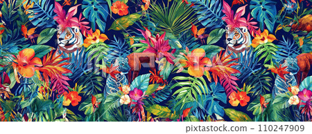 AI-generated content. Tropical exotic pattern with animal and flowers in bright colors and lush vegetation. Ai Generative. 110247909