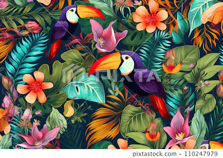 AI-generated content. Tropical exotic pattern with animal and flowers in bright colors and lush vegetation. Ai Generative. 110247979